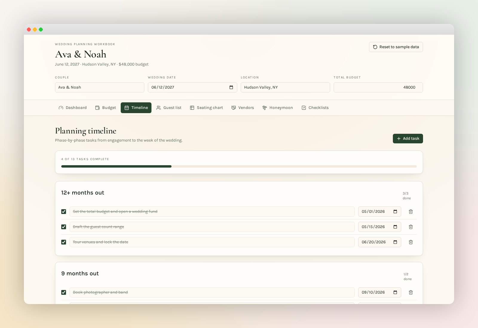 Timeline: phases with due dates and progress