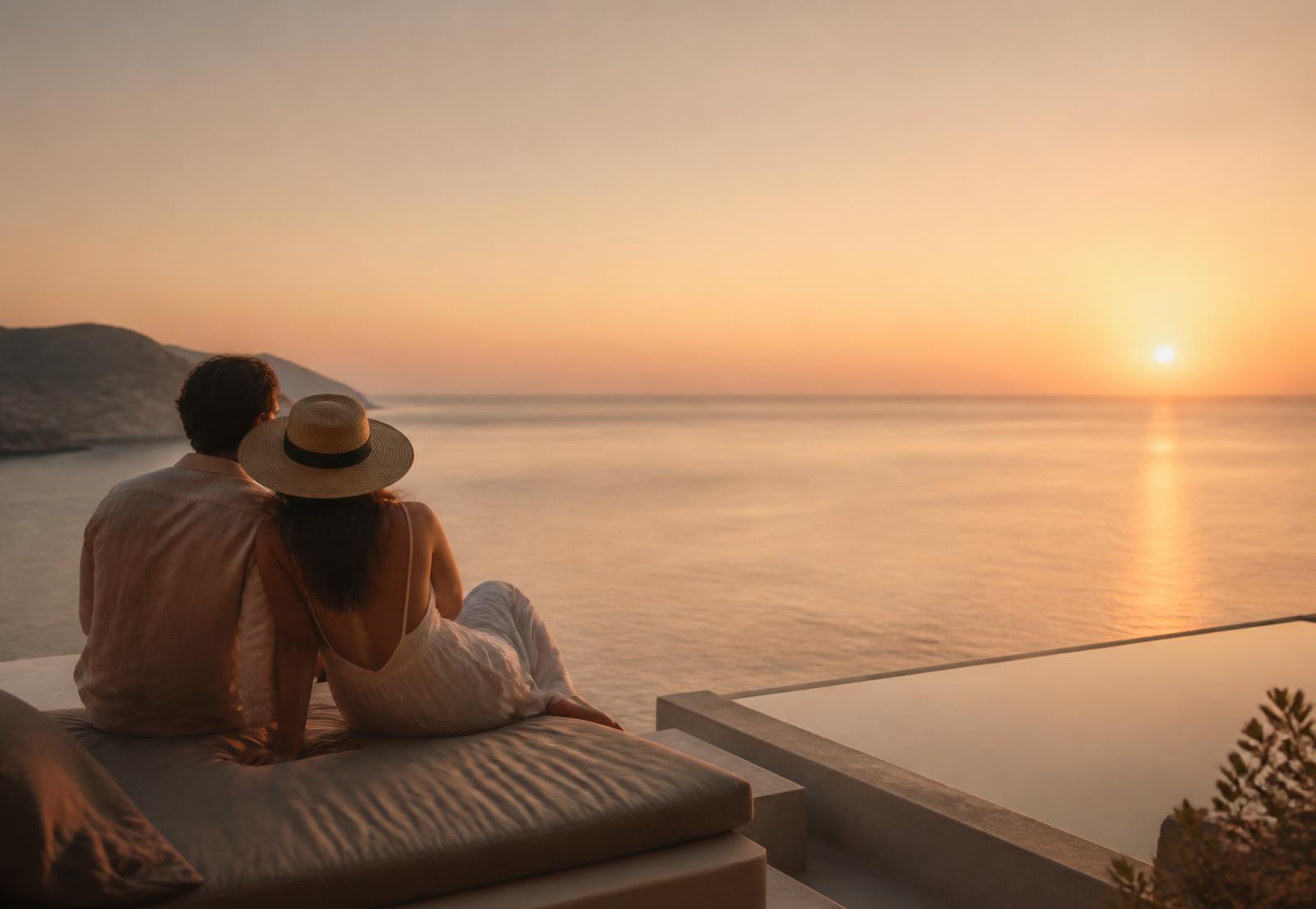 Couple watching the sunset over the ocean on their honeymoon