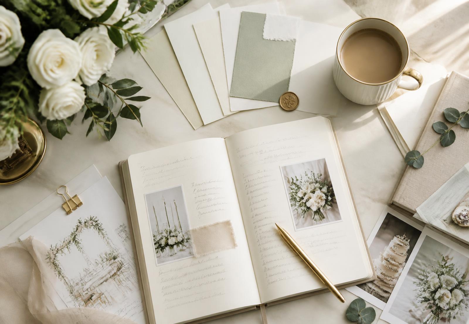 Wedding planning notebook with budget notes, fabric swatches, white roses and coffee